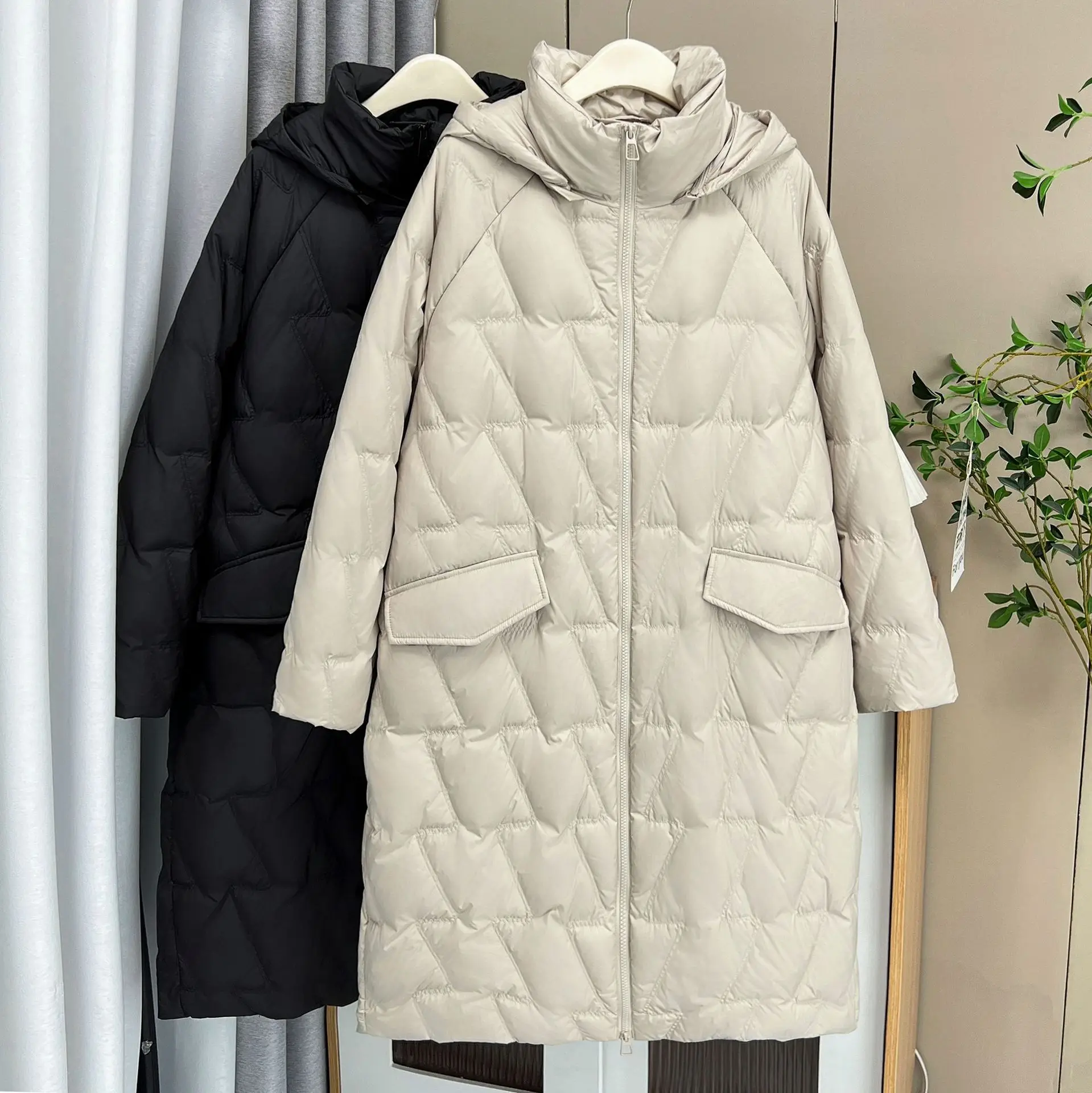 Plus Size Women Down Coat Winter Loose Thickening Z Pattern Hooded 50% White Duck Down Long Jacket 2786