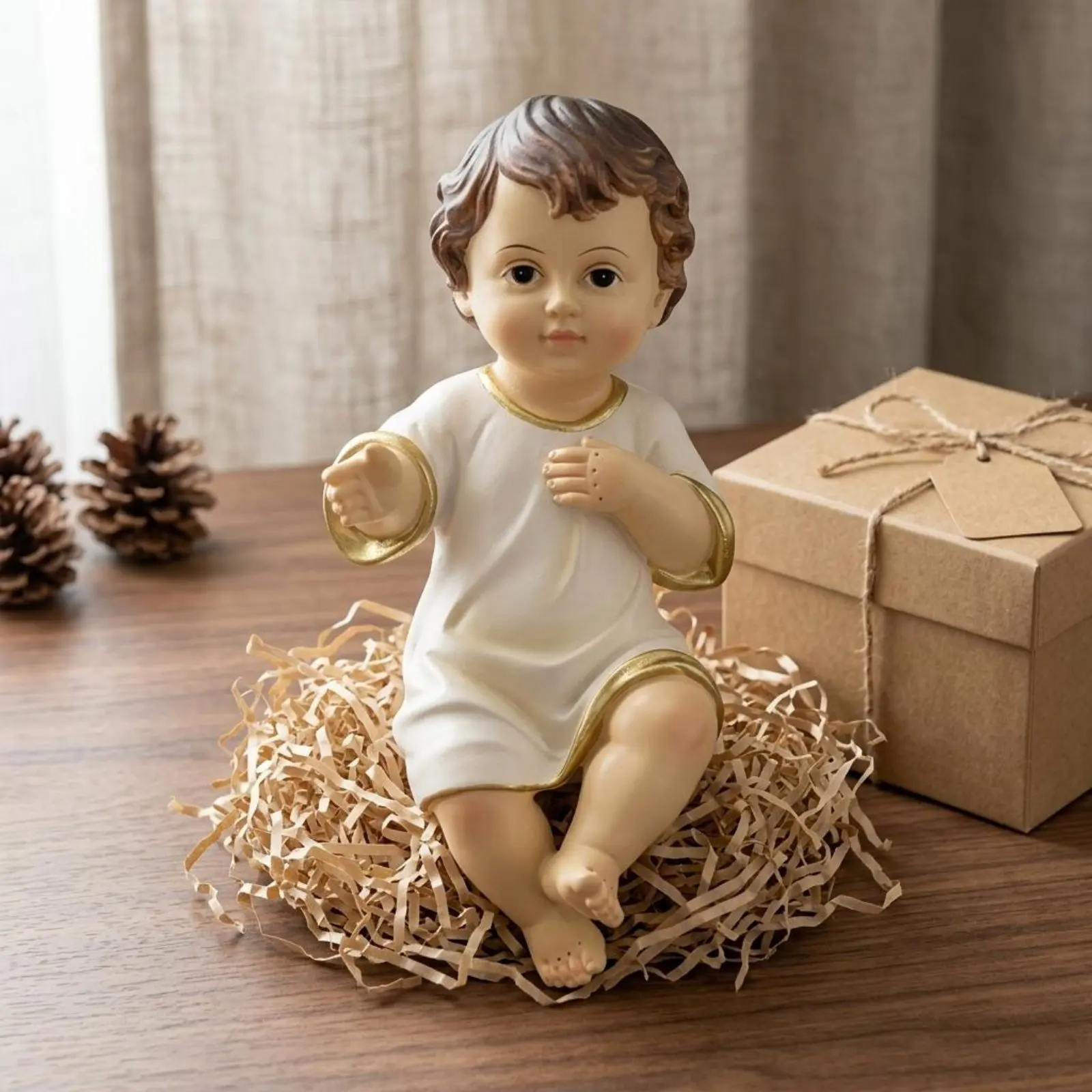 Christmas Doll Figurine Gold Trim Tabletop Christmas Doll Mini Resin Figurines Brown Hair Holiday Decor Winter Theme