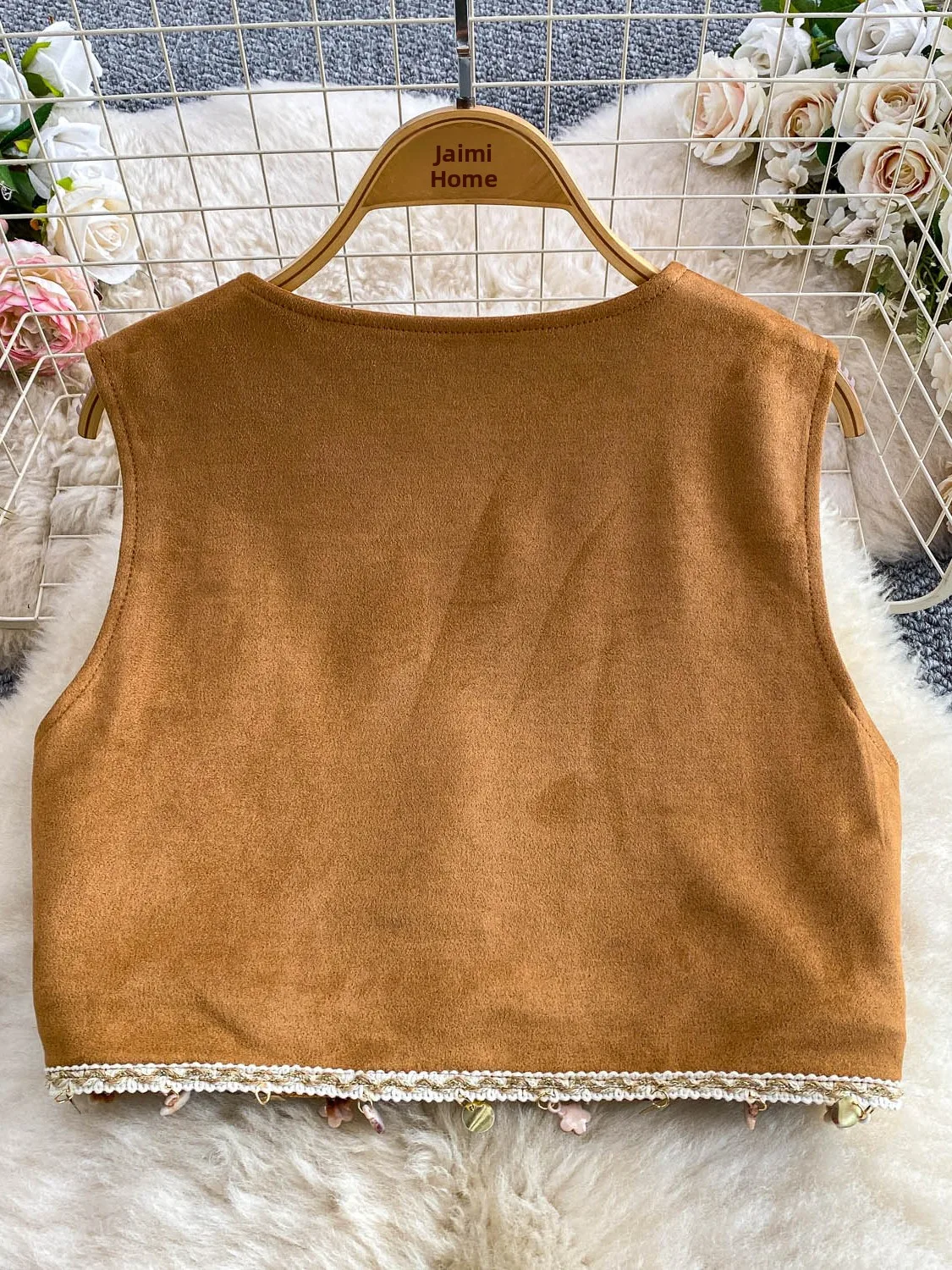 

Brown Embroidered V-Ne Vest Women's Holiday Sle Knitted Tassel Slimming Deer Skin Velvet ort Top Commute Faion