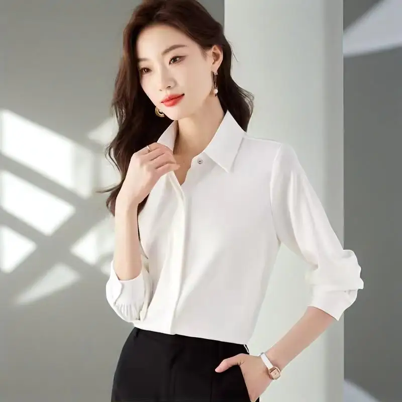 

Solid Satin Blouse For Women Office Lady Formal Shirts Vintage White Tops Female Straight Blouse Basic Clothing
