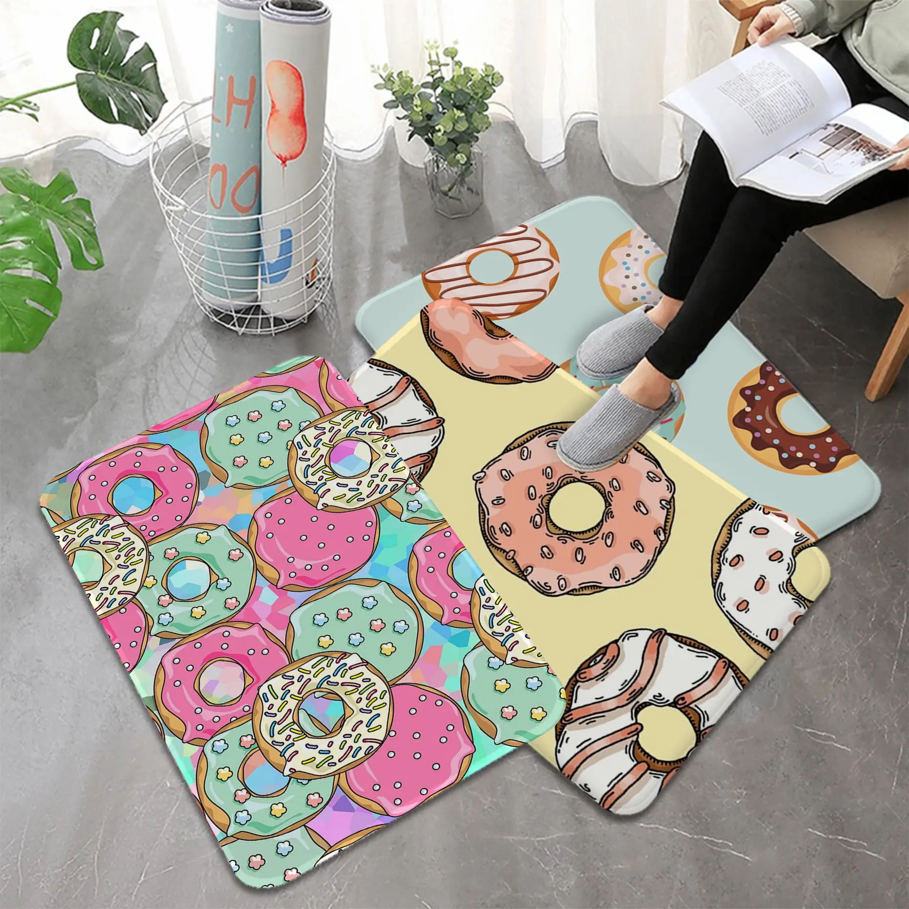 Cartoon cute macaron donuts Printed Flannel Floor Mat Bathroom Decor Carpet Non-Slip For Living Room Kitchen welcome Doormat Rug