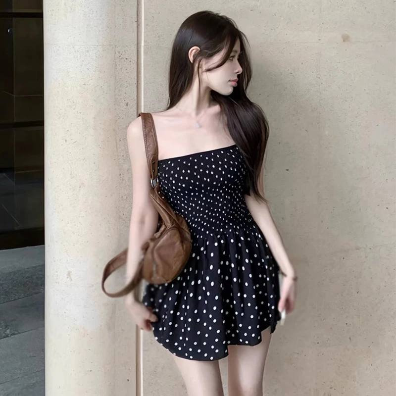 French Black Polka Dot Slim Fashion Temperament Sweet Spice Style Chest Sleeveless Dress