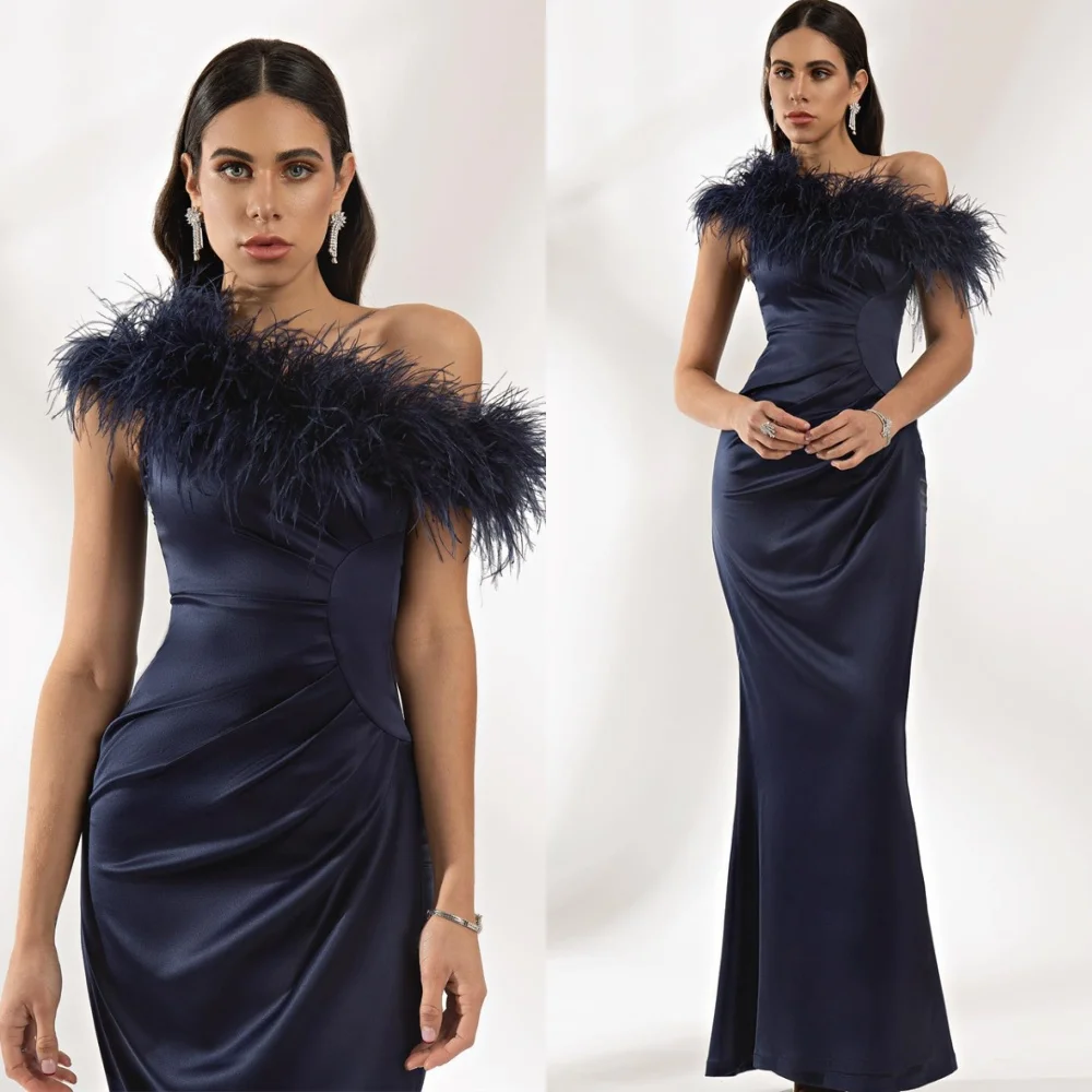 

Customized Formal Satin Evening Dress Classic Off the Shoulder Homecoming Dresses High Quality Feathers Special Occasion Gowns