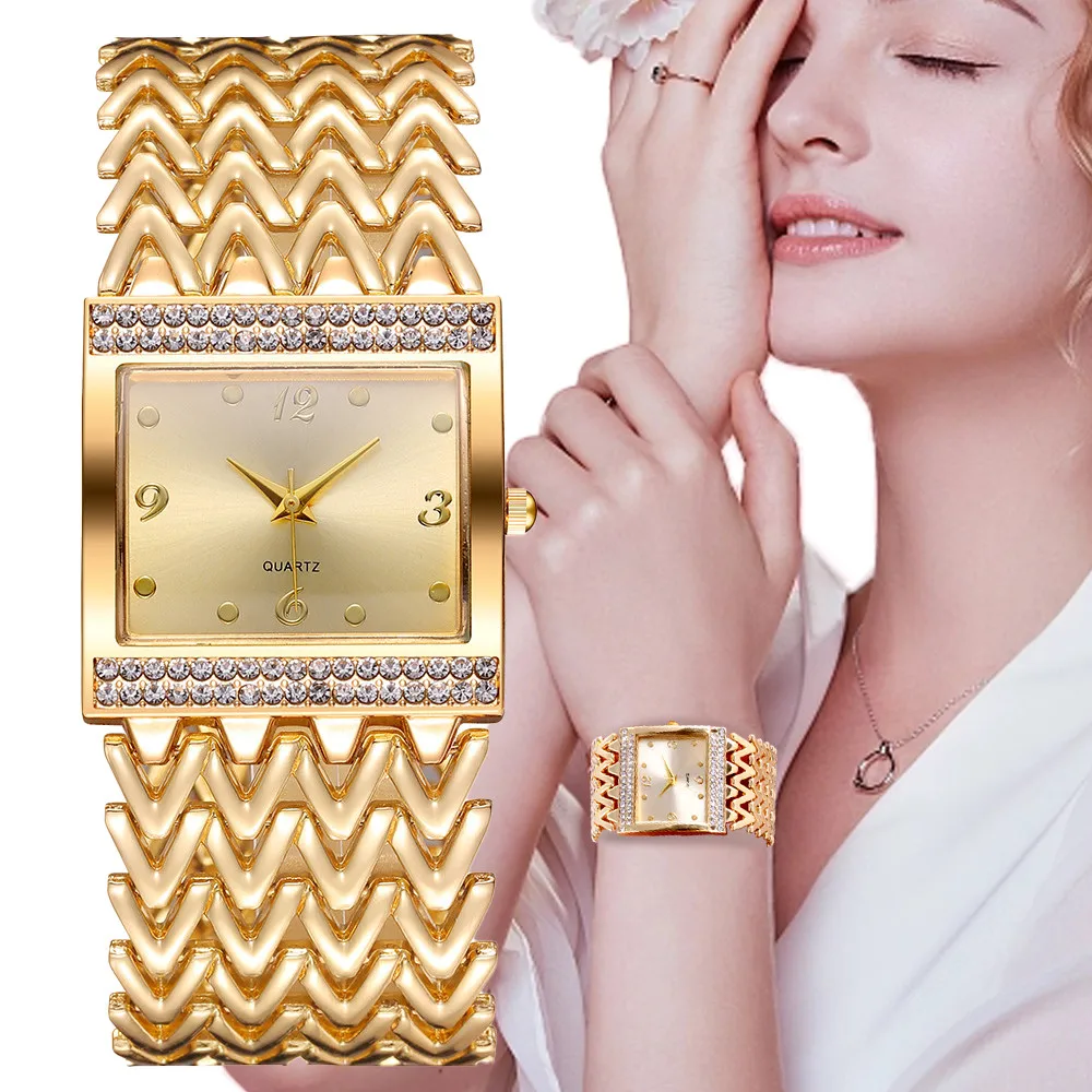 Luxury Golds Ladies Bracelet Watch Hot Fashion Simple Square Diamond Female Quartz Watches Stainless Steel Women Clock Dress