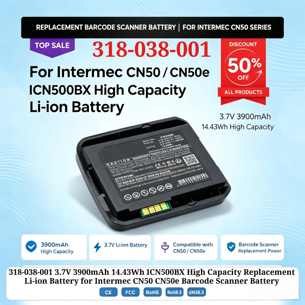 318-038-001 3.7V 3900mAh 14.43Wh ICN500BX High Capacity Replacement Li‑ion Battery for Intermec CN50 CN50e Barcode Scanner
