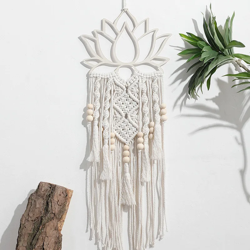Bohemian handmade blue lotus wood bead woven cotton rope tapestry decoration creative gift home pendant view 6