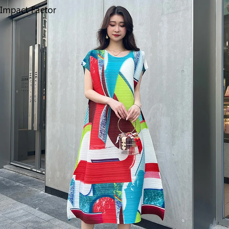 Miyake Pleated New Dress Fashion Casual Loose Sleeveless Dress Western Style Floral Geometric Color Contrast Picture 2024 Spring