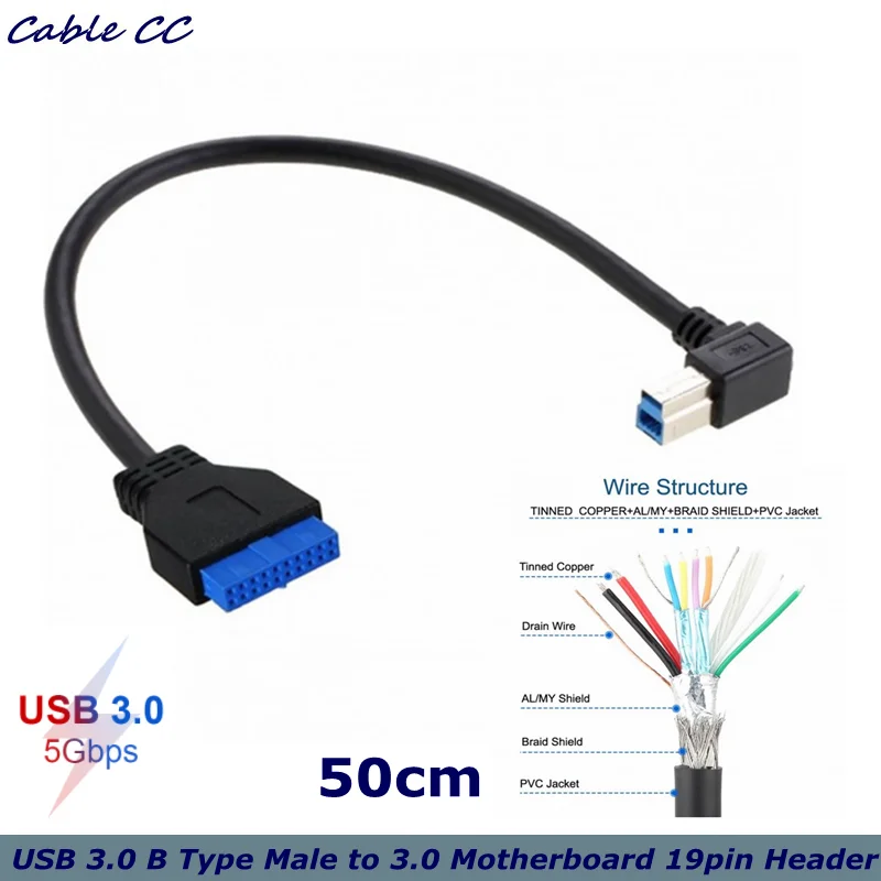 For Printer Scanner Hard Disk Box Cable 90 Degree Left Angled USB 3.0 B Type Male to 3.0 Motherboard 19pin Header 50cm