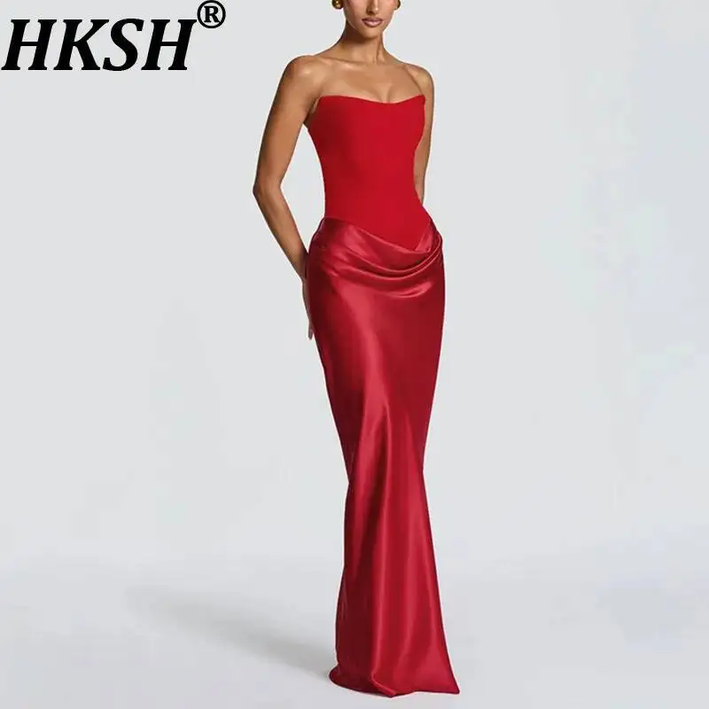 HKSH Women Dress Elegant Fashion Solid Color Waist-Cinching Ribbon Sexy Strapless Satin Sleeveless Niche Bodycon Dresses HK24653