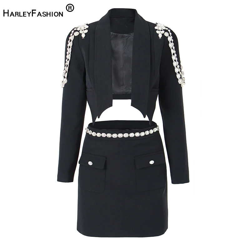 

Y2K Designing Exquisite Diamonds Short Jacket Mini Beading Skirt High Street Sexy 2 Pieces Sets Women Outfits