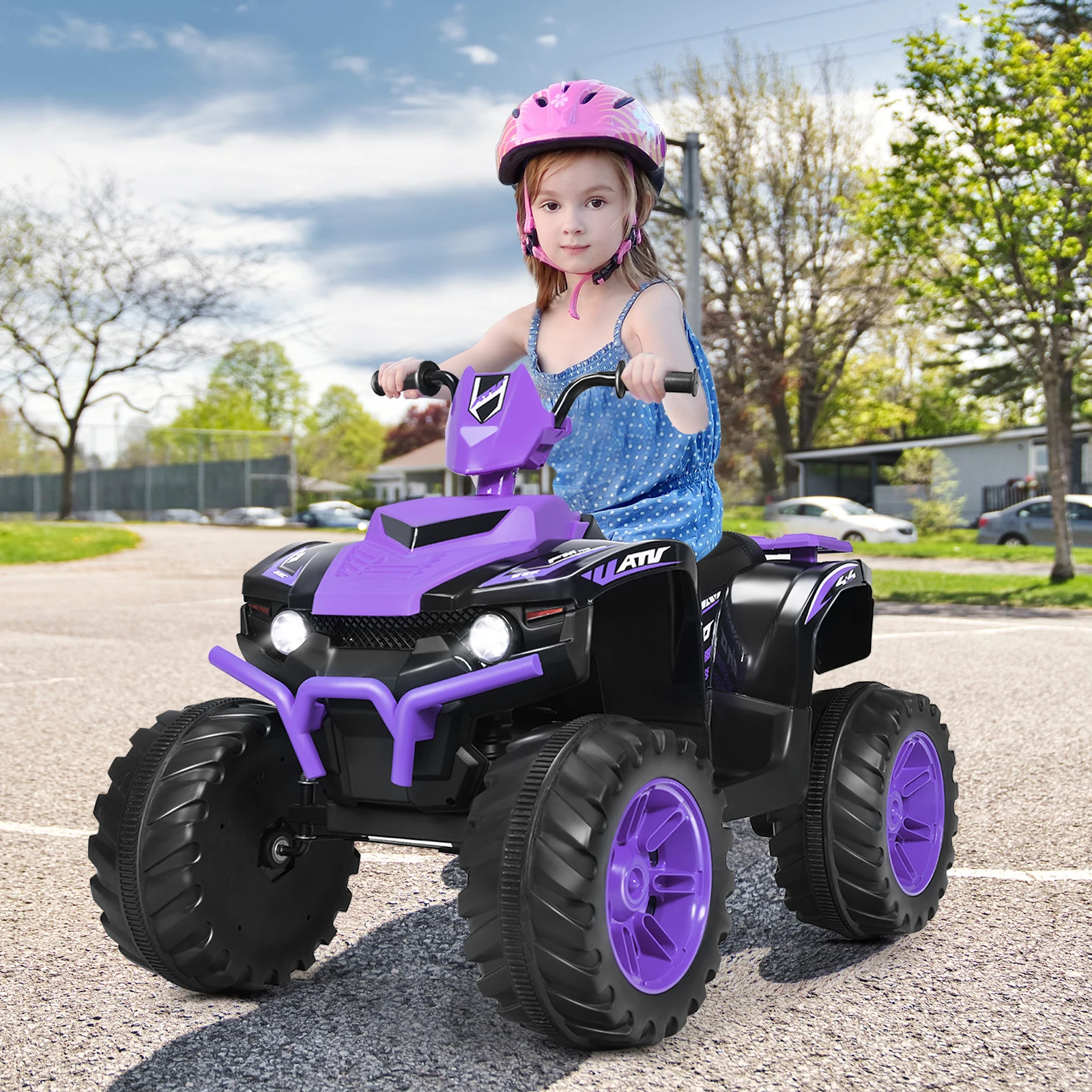 ATV Quad Ride On Car con luz LED y música púrpura para niños, 12V, 4 ruedas