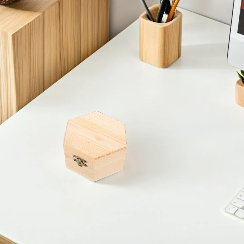 2 Cajas de Madera de Pino Sin Pintar para Joyería, Pequeñas Cajas de Almacenamiento Hexagonales de Madera para Manualidades, Organizador Rústico de Baratijas, Anillo Vintage Natural