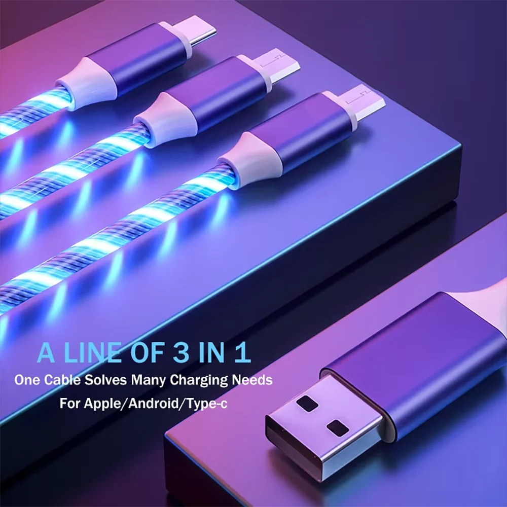 3 in 1 LED Flowing Light Glowing Charging Cable Micro USB Type C Cable Fast Charging for iPhone Huawei Xiaomi Redmi Phone Cable