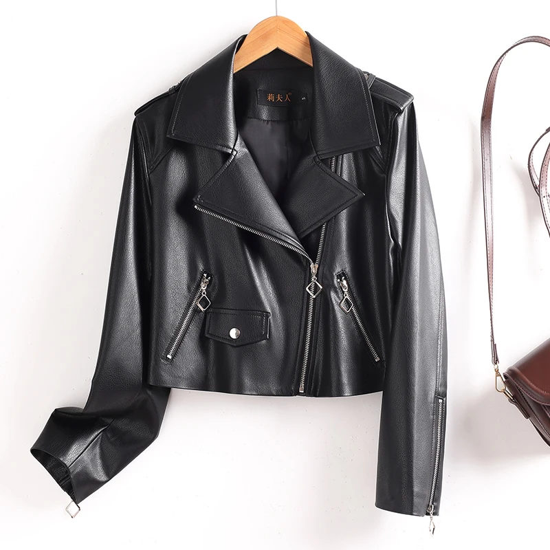 

Новая женская куртка из овечьей кожи на весну-осень 2025 года, с квадратным воротником, модная, на молнии, приталенная, для повседневной носки