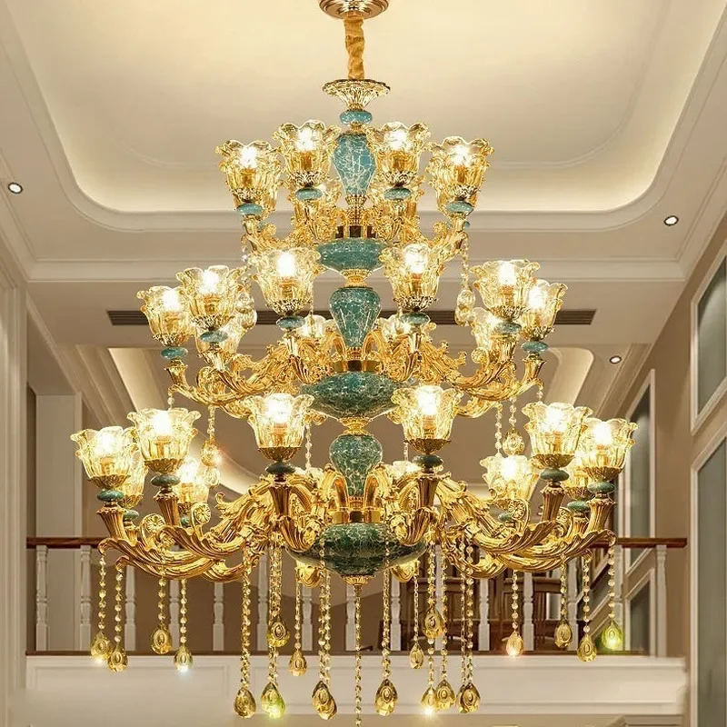 for Duplex Building Chandelier Villa Living Room Three Floors Ceramic Crystal Lamp European Middle Floor Hall Staircase Long