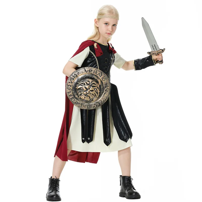 Girls Halloween Rome Spartan Female Warrior Costumes Kids Children Gladiator Cosplay Carnival Purim Stage Role Play Party Dress