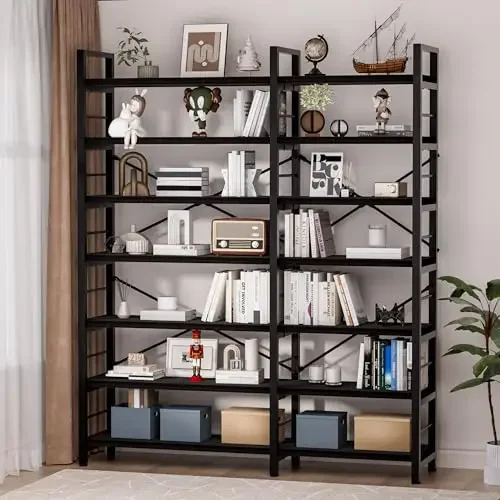 7-Tier Corner Bookshelf, Reversible Wooden Shelves, Industrial Bookcase with Open Shelves and Sturdy Metal Frame, Display Shelf