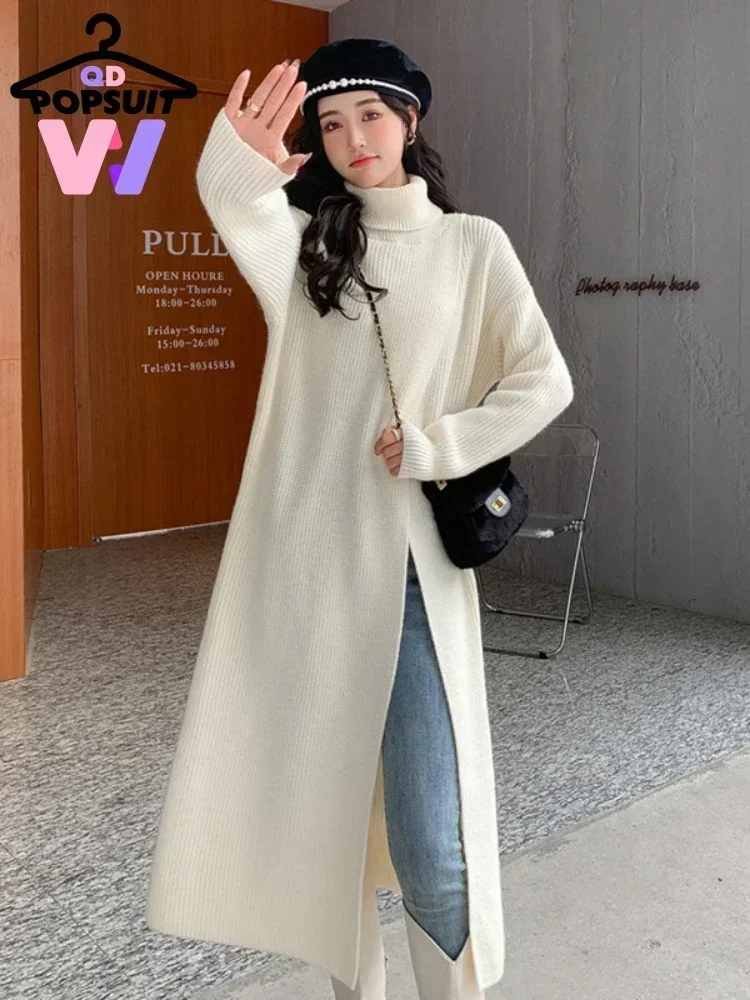 

New in Autumn Women Knitted Pullover Long Dress Turtleneck Sweater Split Loose Sweater Dress Casual Street Wearing Women Clothes