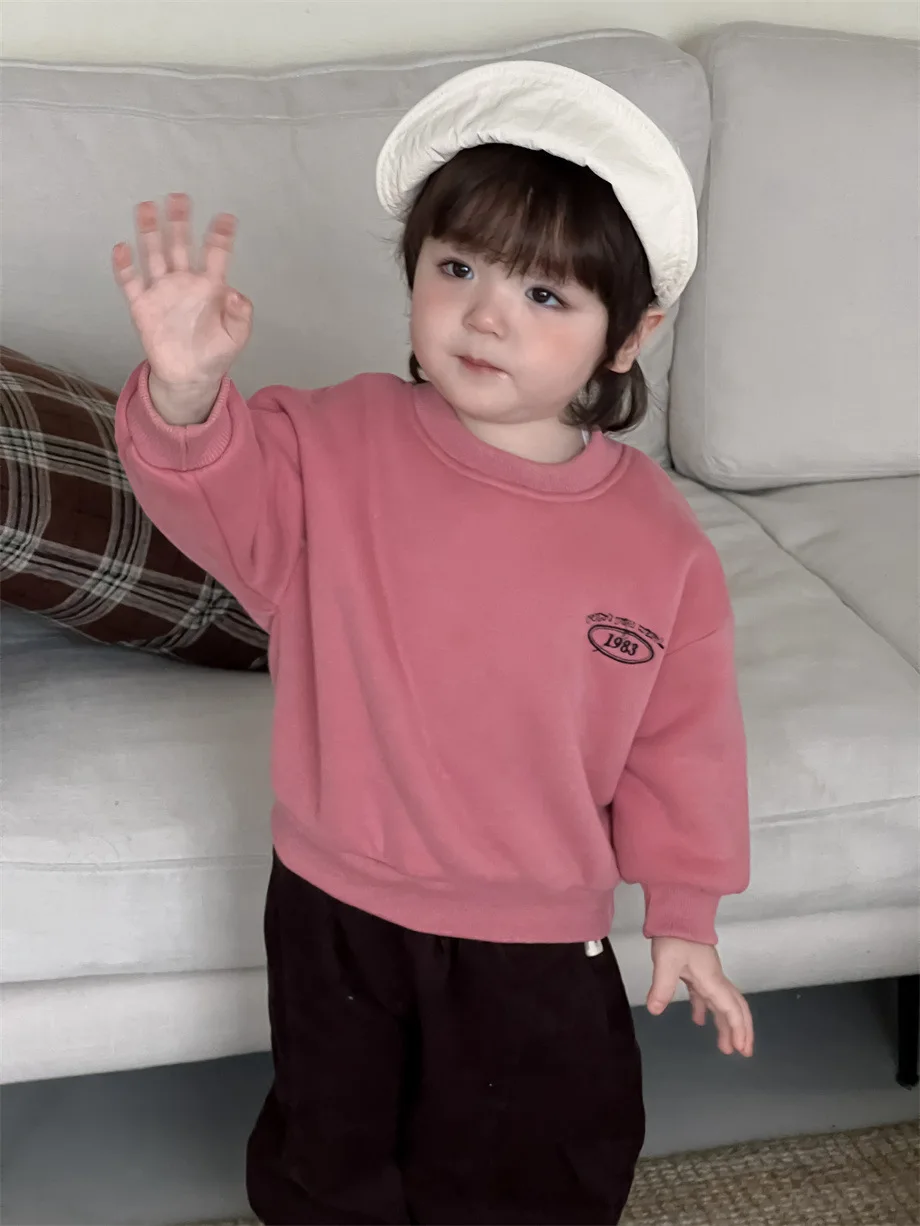 2024 Winter New Baby Long Sleeve Fleece Sweatshirt Toddler Boy Girl Casual Letter Tops Infant Plus Velvet Thick Warm Pullover