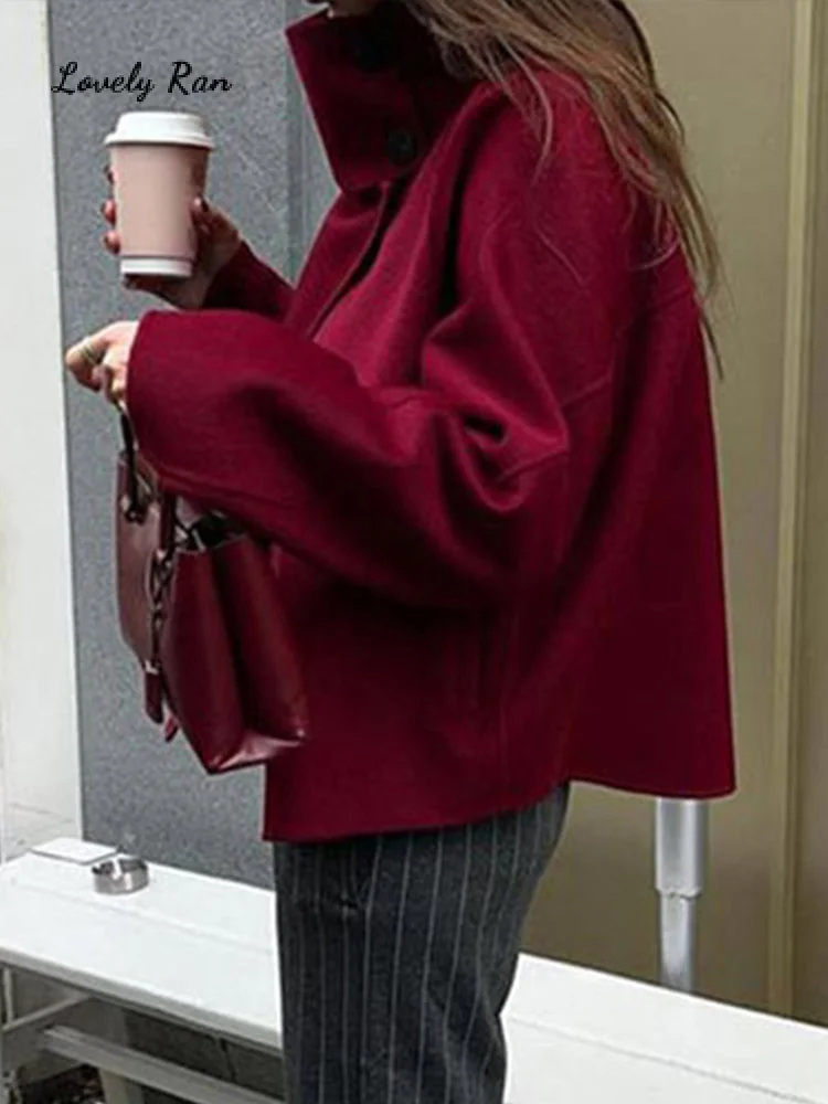 

Уличная женская бордовая шерстяная куртка со свободным воротником-стойкой, однобортная куртка с длинными рукавами, осень 2024, женская винтажная верхняя одежда, новинка