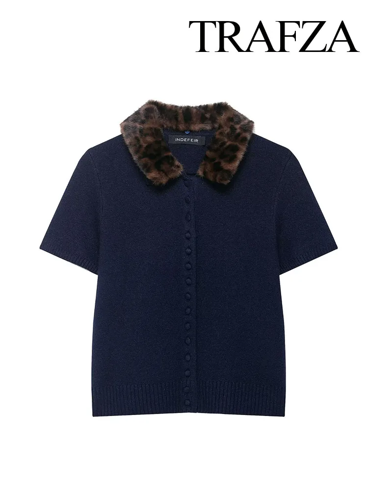 

TRAFZA Woman's Fashion Casual Tops Navy Blue Leopard Print Turn-Down Collar Single-Breasted Women Short Sleeve Cardigan 2025