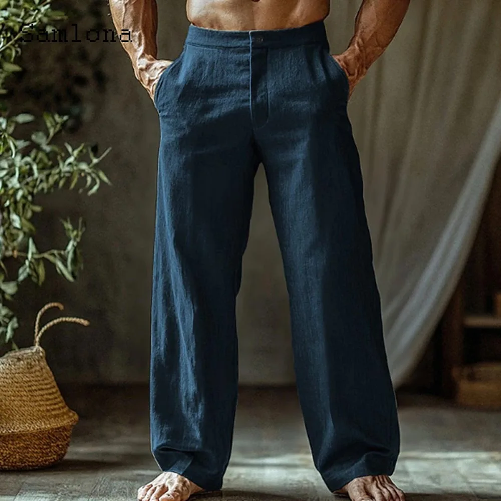 

2025 Men's Stand Pocket LInen Beach Pants Navy White Baggy Trouser Mens Casual Straight Leg Pants Solid Full-Length Bottoms New