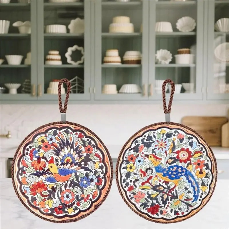 ABFI Cork Base 4Pcs Vintage Heat Insulating Mat With Hanging Rope New Chinese Style Dinner Mat Coasters