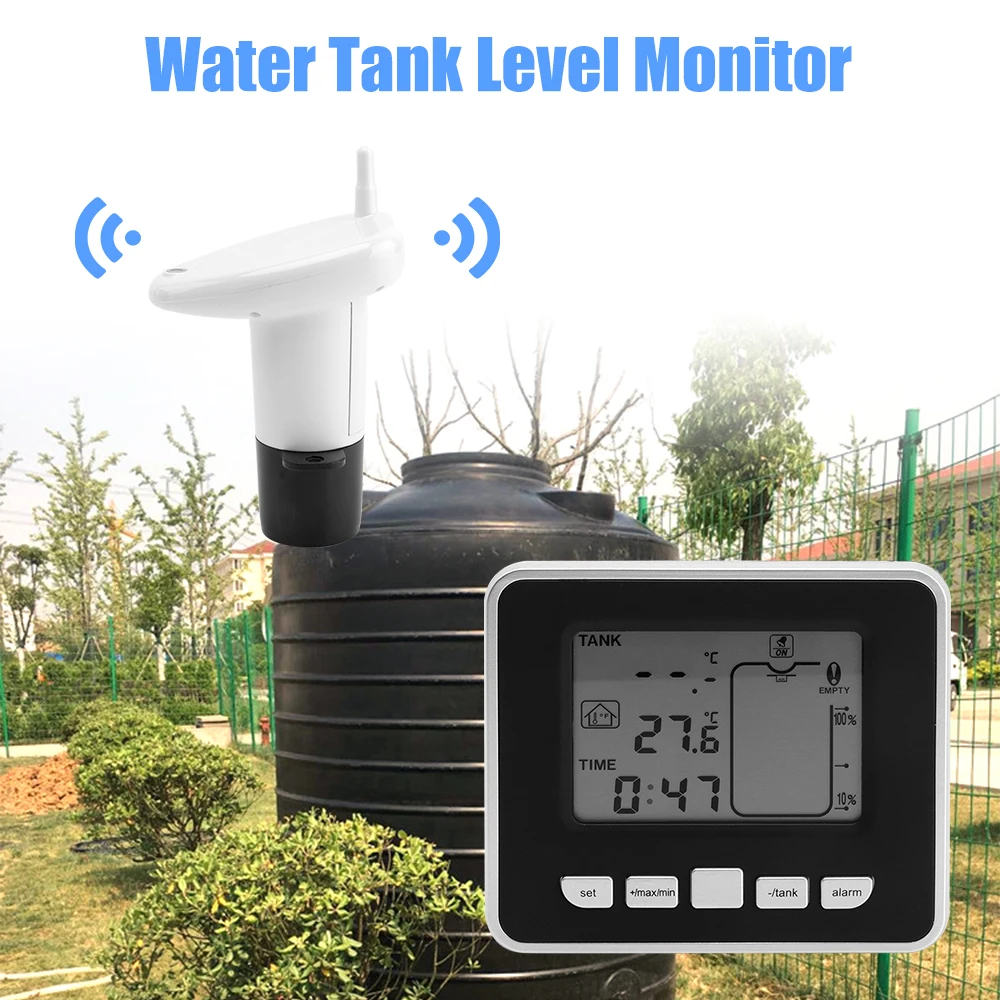 

Ultrasonic Water Tank Level Meter Electronic Liquid Depth Gauge with Temperature Alarm Time Display Alarm Transmitter Measuring