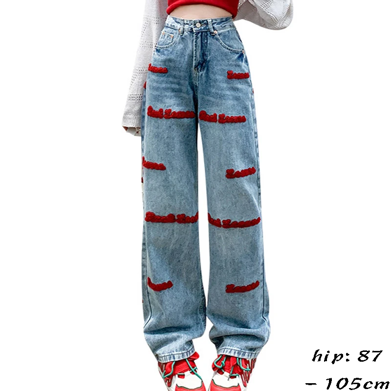 

High quality long jeans for women wide leg letter embroidery cotton denim casual young ladies vintage trousers - blue black