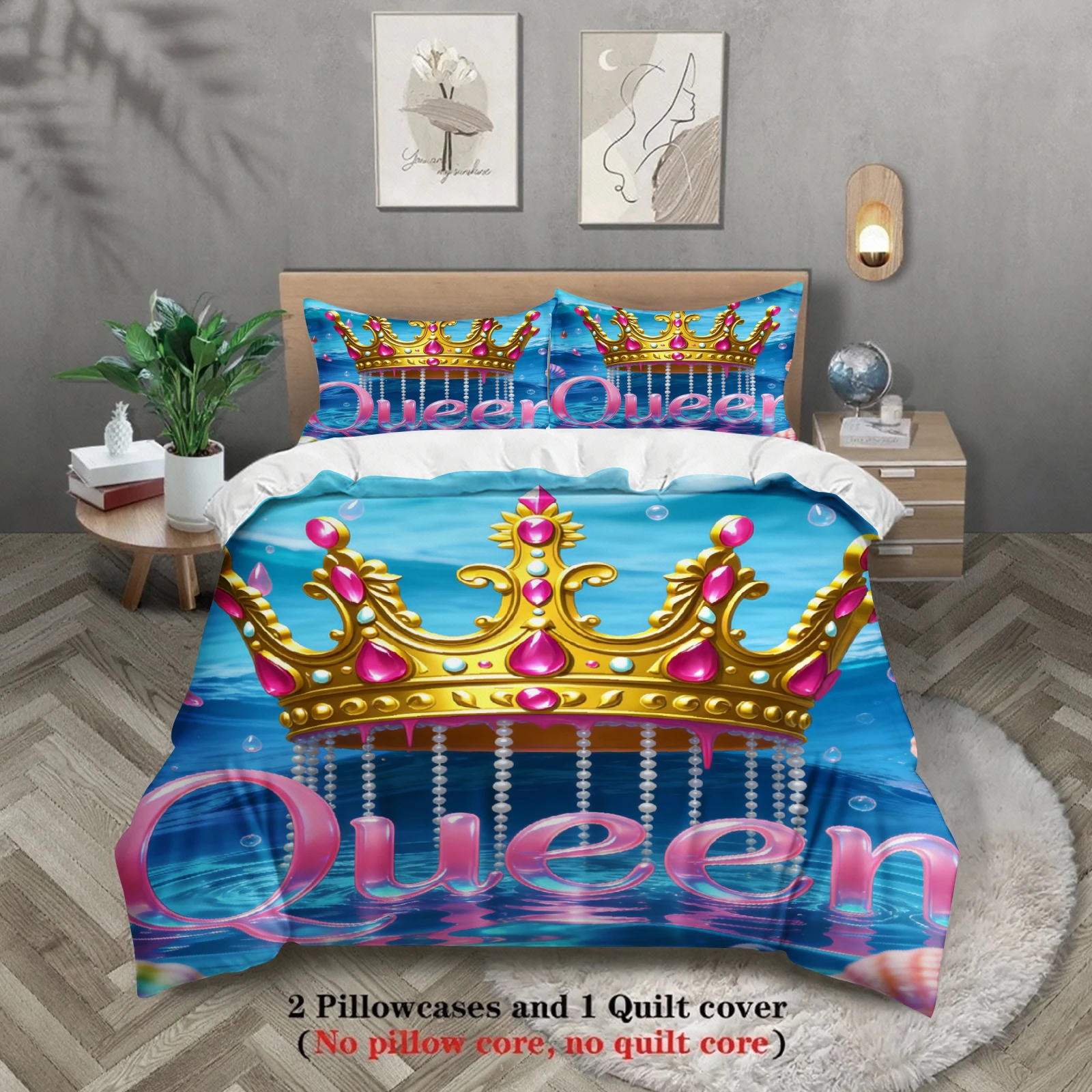Queen And King  Bedding Set Black Gold Crown Print Bedding With Duvet Cover Pillowcases For Couples Bedroom