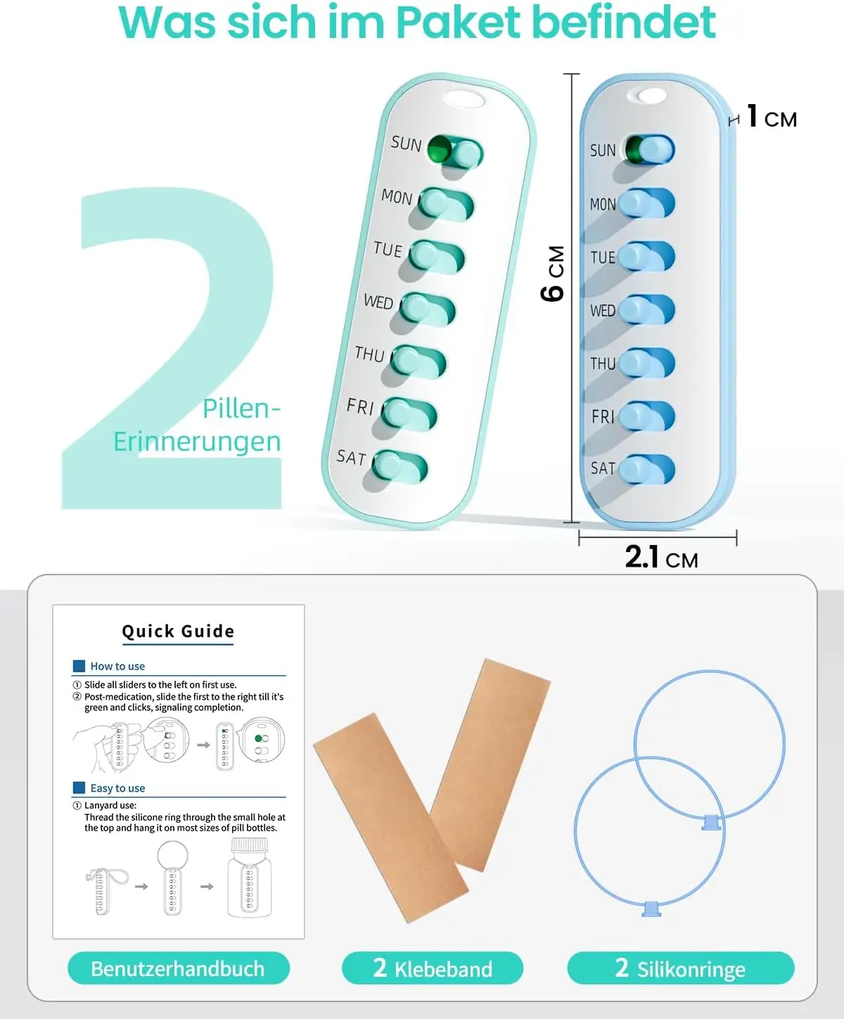 Lanyard or Sticker Pill Tracker,Pill Reminder, 2 Pack Weekly 7 Day Medicine Organizer, Easy Date Mark, For Elderly & ADHD