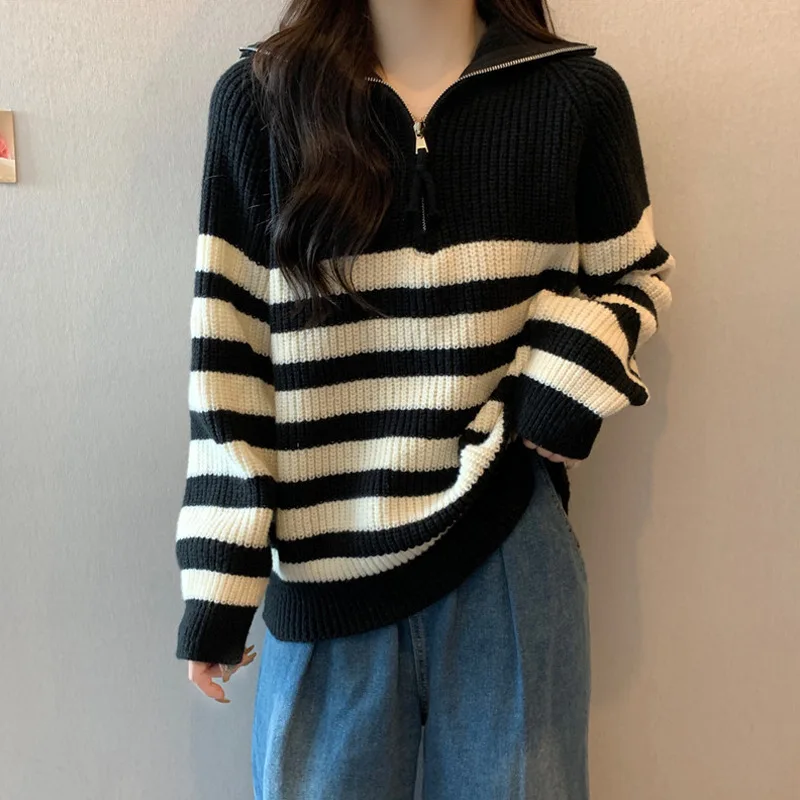 Half-high Collar Zip-up Stripe Pullover Sweater Women Autumn  New Design Sense Over Fit Knit Long Sleeve Top