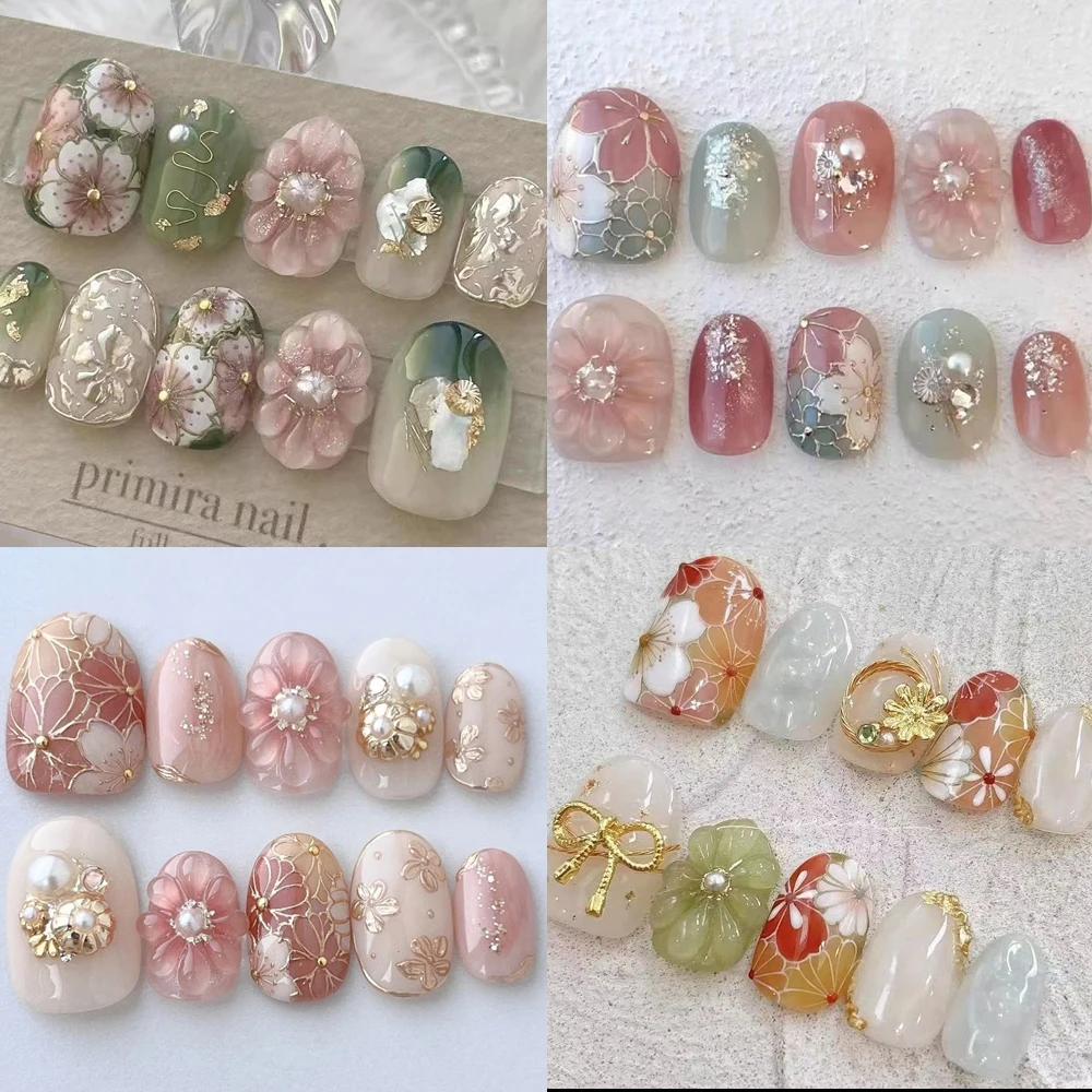 

10Pcs Handmade 3D Flowers Metal Line Design Almond Press On Nail Art French Love Bow Sea Shell Design Manicure Nails Party Gift