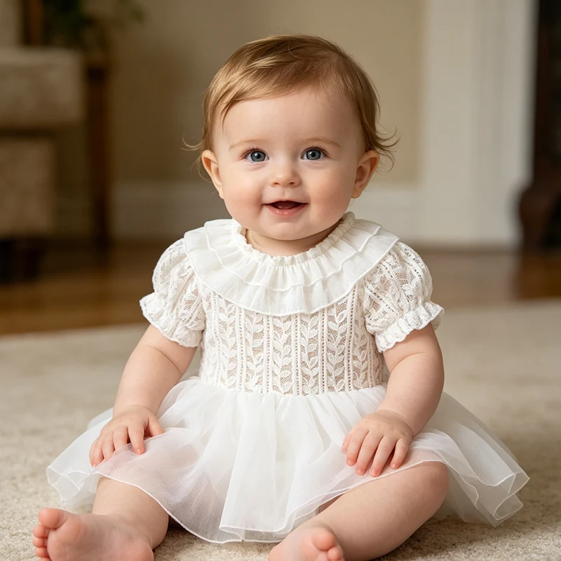 

2026 New Summer Infant Baby Girls Bodysuits Short Sleeved Cotton Mesh Splicing Toddler Baby Girls Jumpsuit 0-24M Baby Clothing
