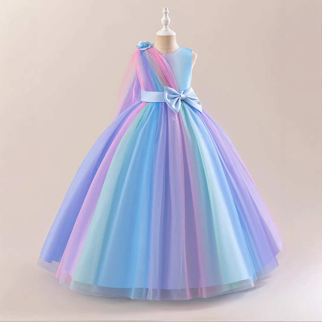 

Rainbow Mesh Girls Elegant Bridesmaid Party Dress Kids Wedding Birthday Princess Evening Gown 10 12 Years