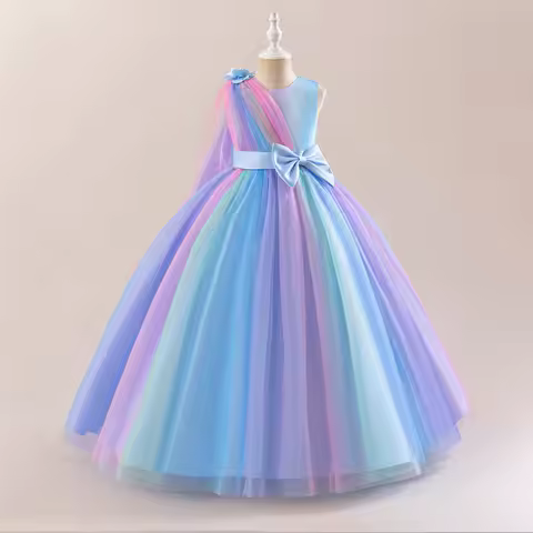 Rainbow Mesh Girls Elegant Bridesmaid Party Dress Kids Wedding Birthday Princess Evening Gown 10 12 Years