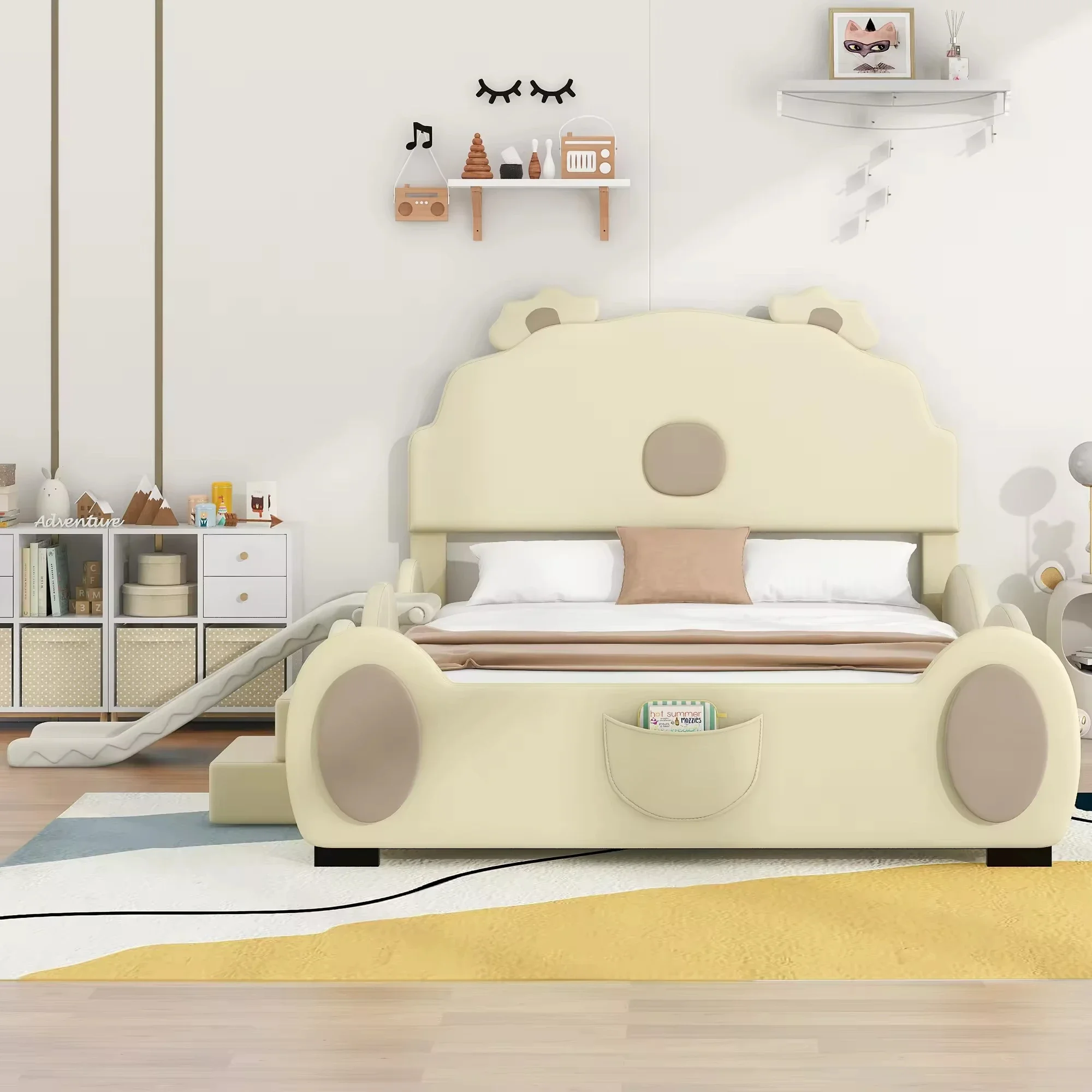 2026 Modern Full-Size Upholstered Platform Bed Set with Piglet Shape Headboard and Bunk Bed Slide Beige for Children's Bedroom