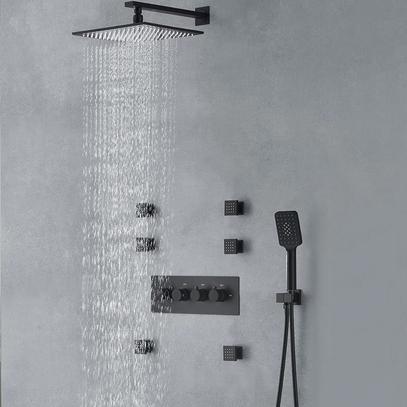 

Wall mounted Shower Set 12'' Rainfall shower panel Thermostatic 3 Ways mixer Body Jets Massage Black system