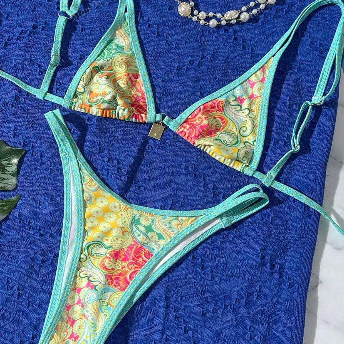 

Women Print Triangle Bikini Set Adjustable Straps Halter Swimsuit Beachwear