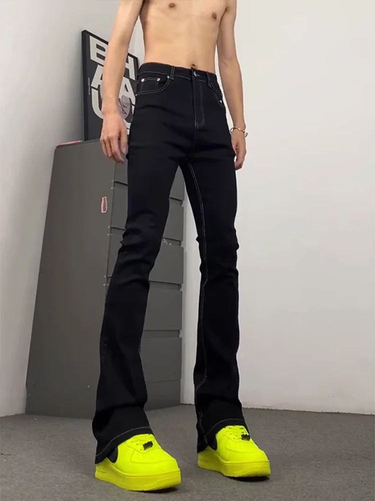 

American Vibe High Street Bla Denim Pants Men Slim Straight Tie Belted Micro Flared Trousers Youth Faion Polyester Cotton...