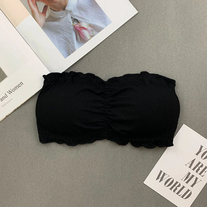 Ruffle Strapless Three Hook-and-eye Cotton Bra Crop Top Sexy Solid Women Bra Invisible Beauty Back Off Shoulder Omighty Camisole