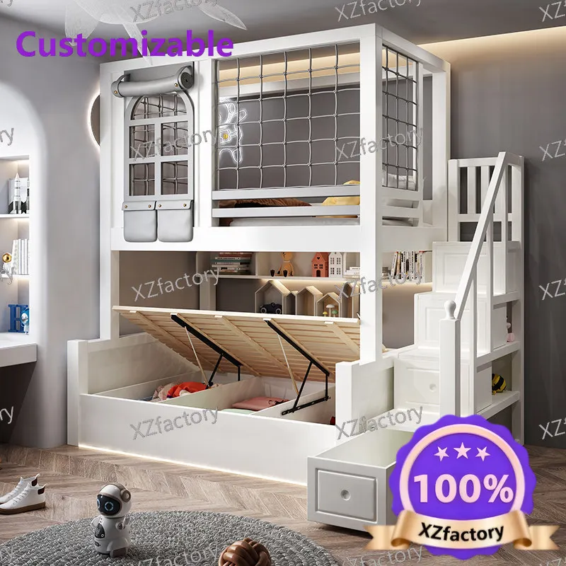 

All-solid wood two-tier kids bunk bed, double-decker bed, loft bed, parent-child bed with slide and high guardrail for girls