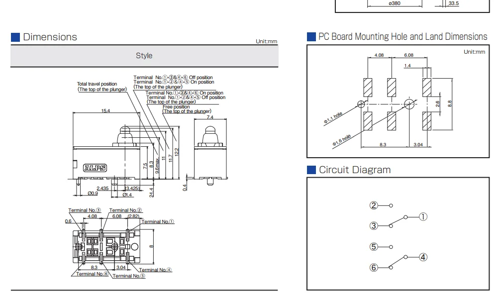 Waterproof surface-mounted microswitch with 6 pins for automotive electronic handbrake brake switch, model SPVQC10201