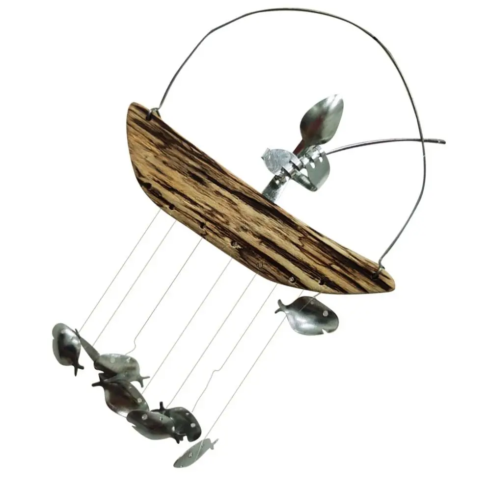 Unique Fishing Man Wind Chime Exquisite Soft Sound Wooden Boat Fishing Sculptures Handicraft Hanging Windchime Garden Decor