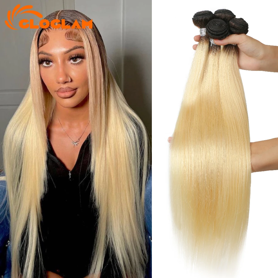 Ombre Blonde 1B 613 Straight Bundles Human Hair Double Drawn Raw Vietnamese Hair Bundles Dark Roots Colored Ponytail Extensions