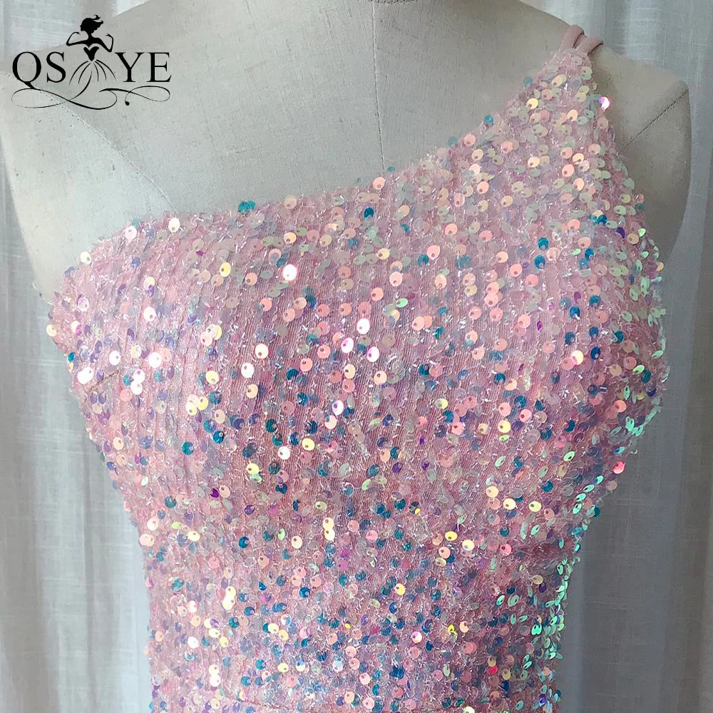 Een Schouder Roze Avondjurken Sequin Mermaid Prom Gown Glitter Kant Lange Formele Party Open Split Lady Pinkfashion Jurk Chic