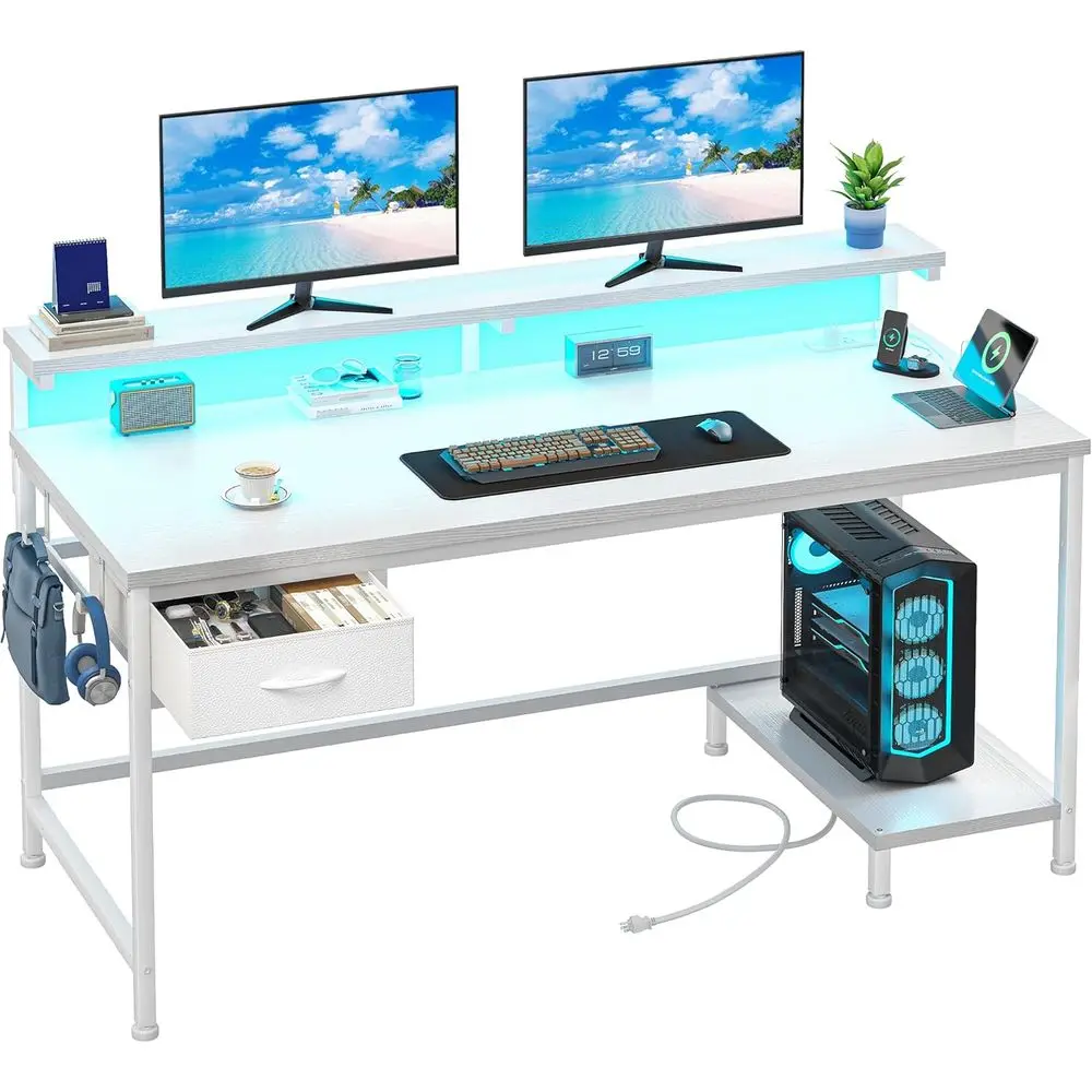 Ergonomic Monitor Stand Desk, 47.2 LED-lit Gaming & Home Office Desk with Drawer and Power Outlet, Ideal for Small Spaces, White