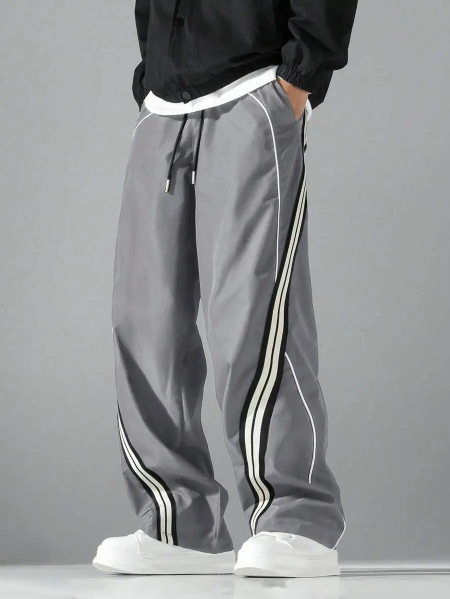 1pc Fashionable Sporty Casual Straight Loose Wide-Leg Pants, Featuring Stylish Ribbed Tape Inserts, Contrast Binding Design,