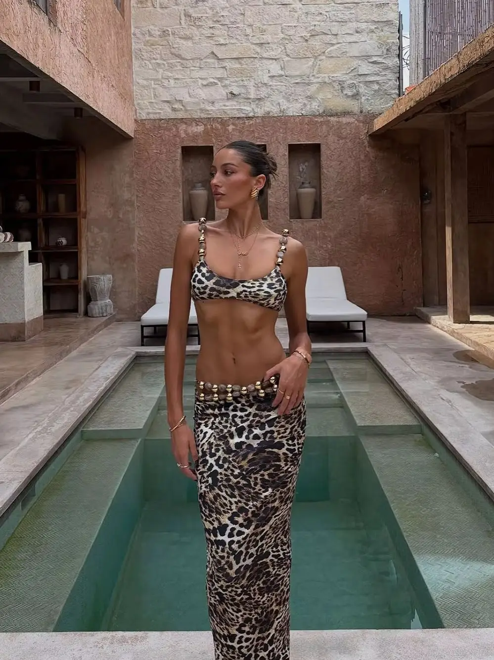 Luxury Leopard Printed Bikini With Skirt Set Women 3Pcs Swimsuit Fashion Lady Beaded Detail Biquini Swimwear Mujer Bathing Suit
