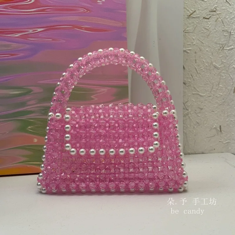 New Ins Sweet Pearl Edge Handwoven Pink Acrylic Beaded Handbag Fashion Fairy Accessories Customized Chain Women's Crossbody Bag